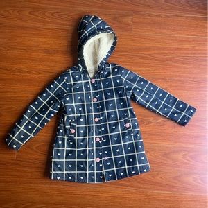 Hatley Girls Hooded Rain Jacket Checkers Pink Heart Pattern Sherpa Lined Sz 8